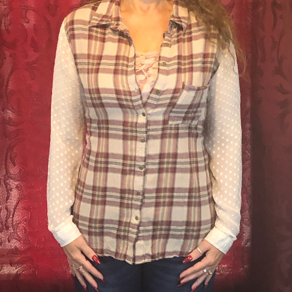 SHIRT - Women's Free People gauzy plaid shirt with lace and Swiss dot sleeves.